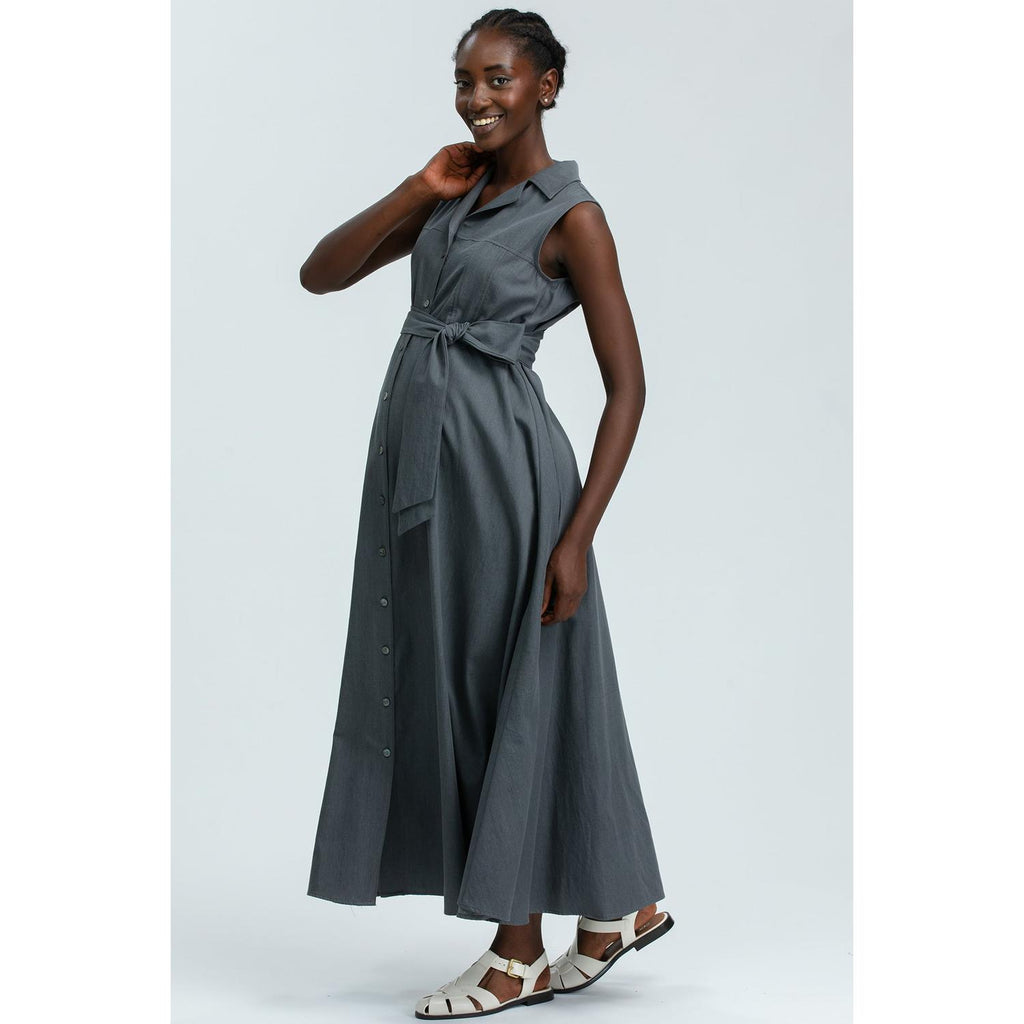 ALBA - Maxi Abito Premaman Smanicato in Cotone Tecnico Grigio Denim