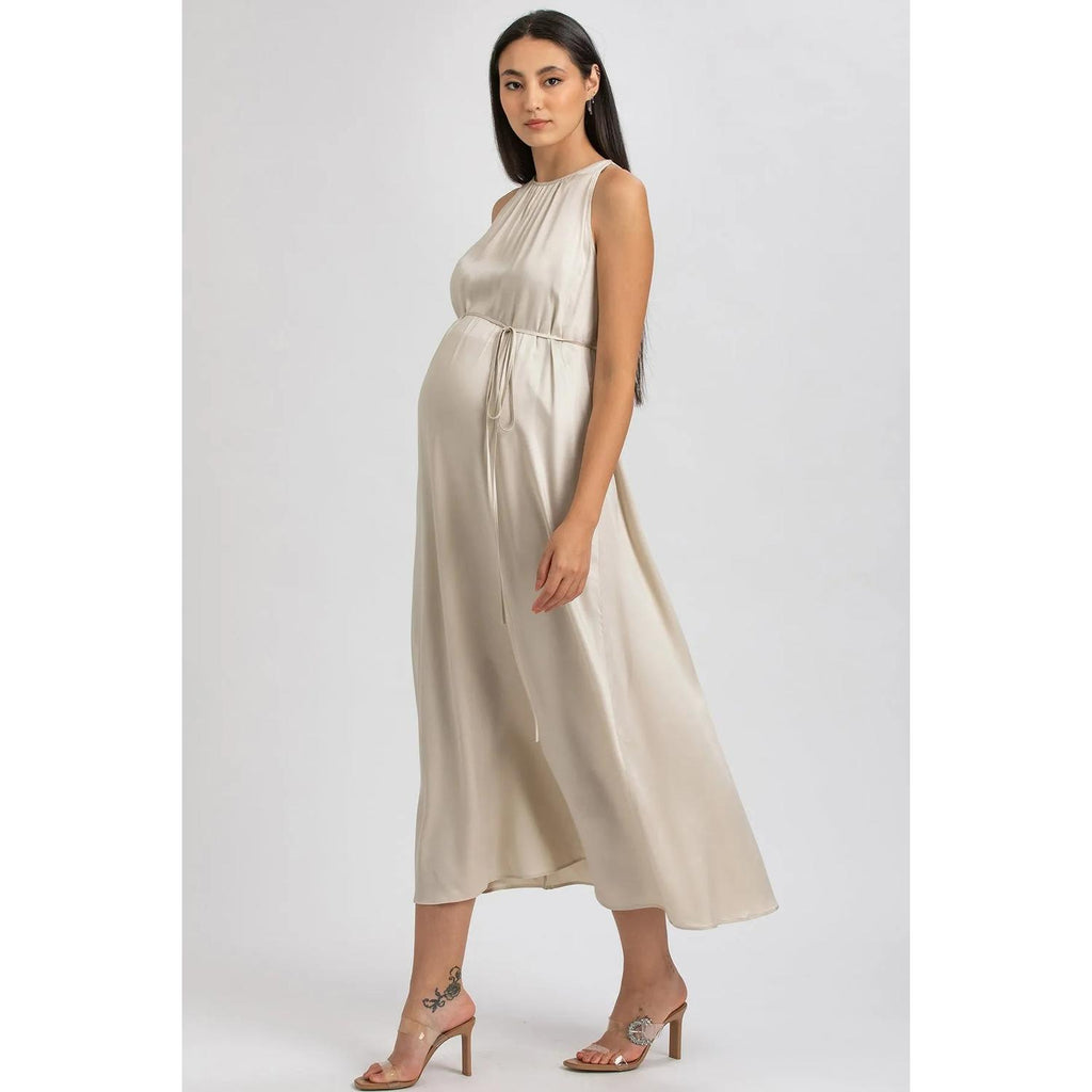 CLARISSA - Maxi Abito Premaman Beige con Cintura Rimovibile