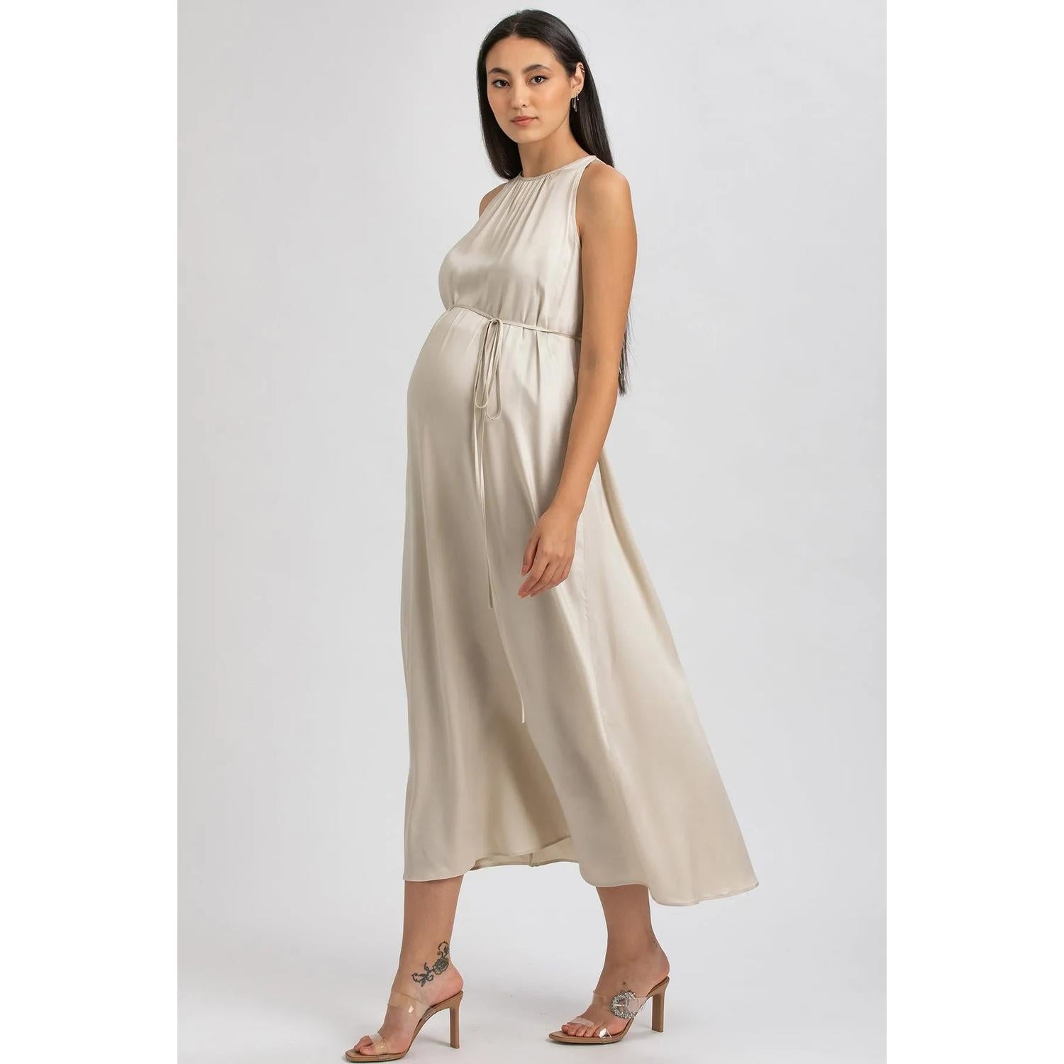 CLARISSA - Maxi Abito Premaman Beige con Cintura Rimovibile