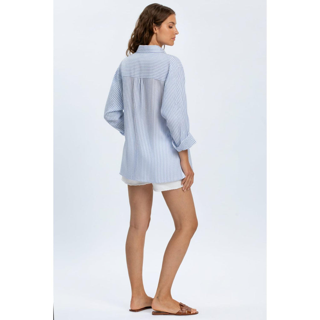 LIPARI - Camicia Premaman Oversize in Lino a Righe Azzurre