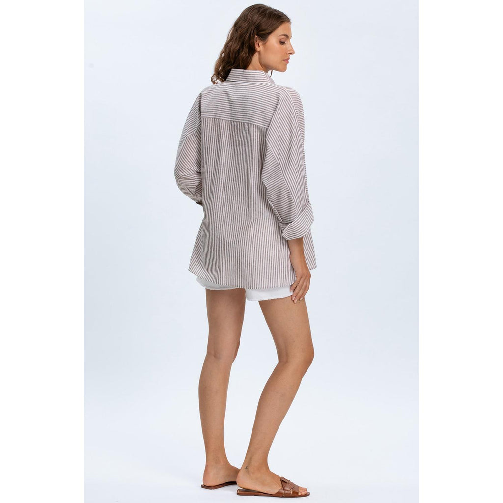 LIPARI - Camicia Premaman Oversize in Lino a Righe Marroni