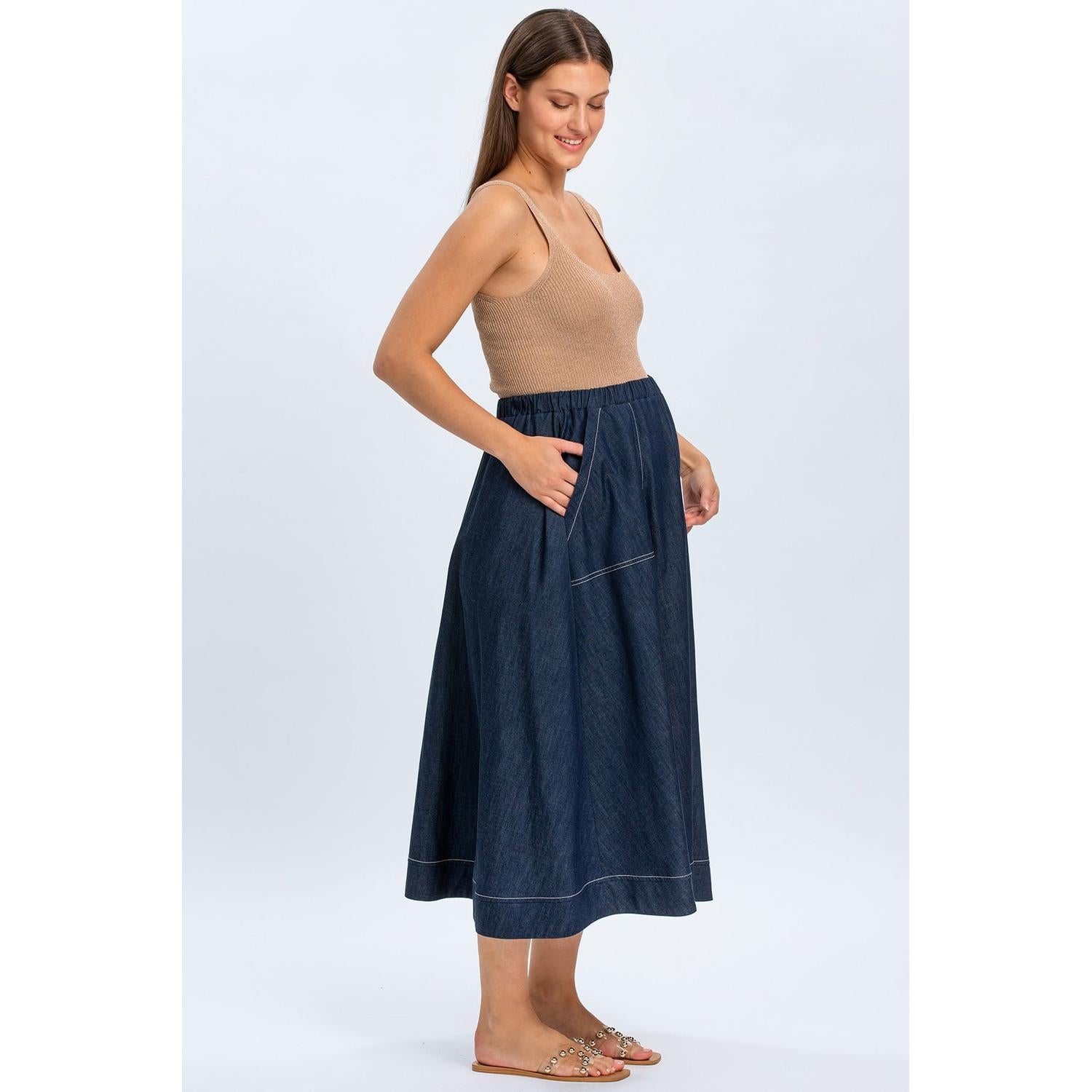 ORTHENSIA - Gonna Premaman Midi con Tasche Colore Blu Denim