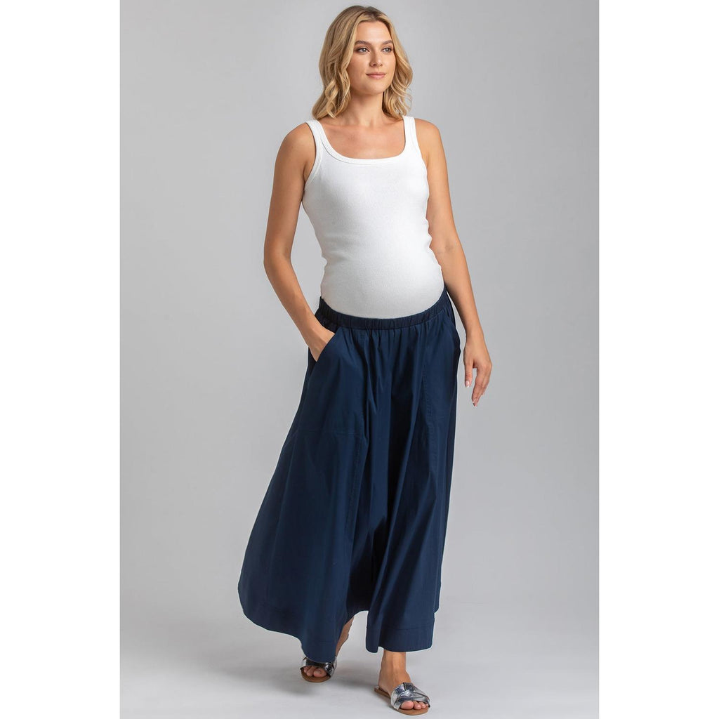 ORTHENSIA - Gonna Premaman Midi in Cotone Blu Scuro con Tasche