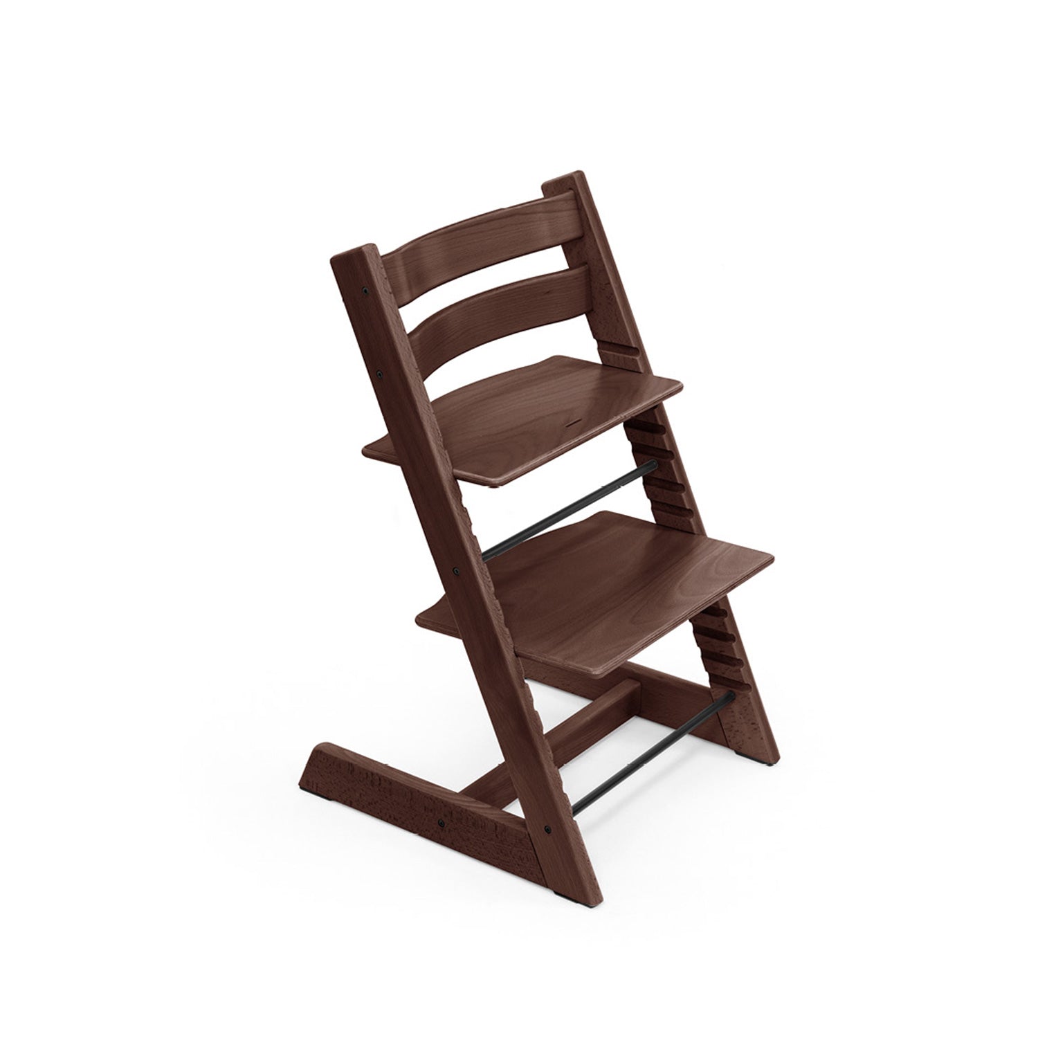 Dark brown wooden high chair with adjustable seat and footrest stands against a white background. 
