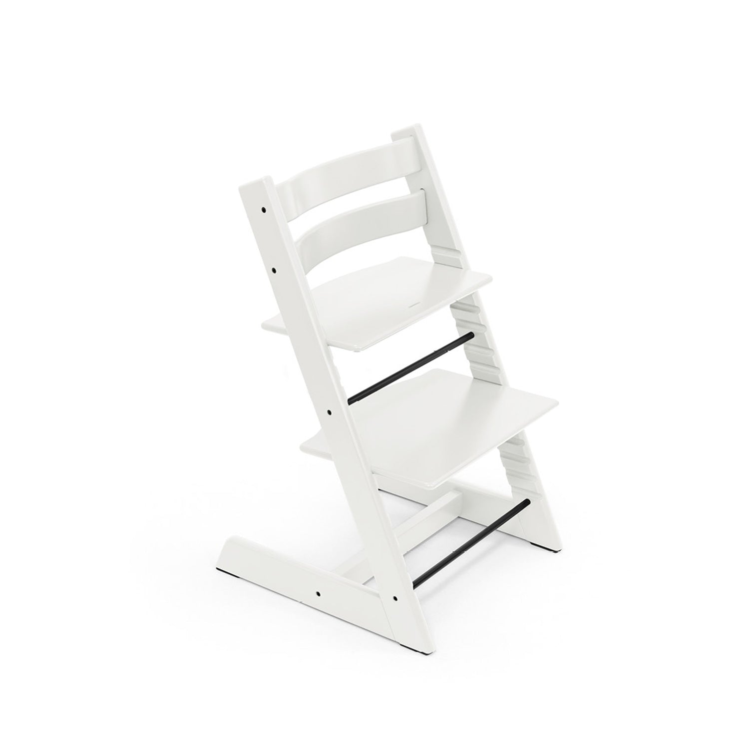 White adjustable wooden high chair with black footrest on white background. 

