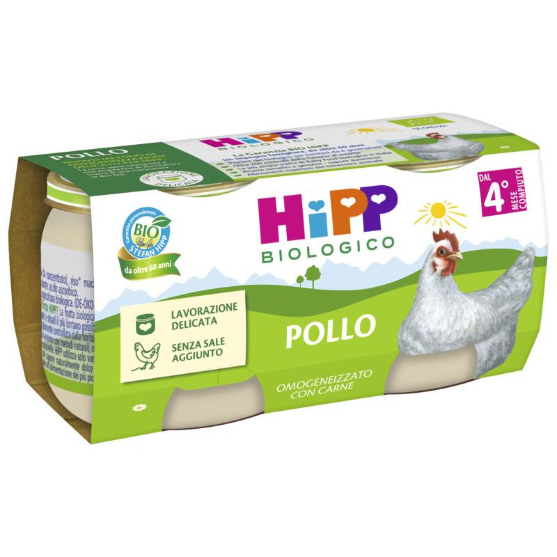 Four jars of HiPP organic chicken baby food in a package. 
