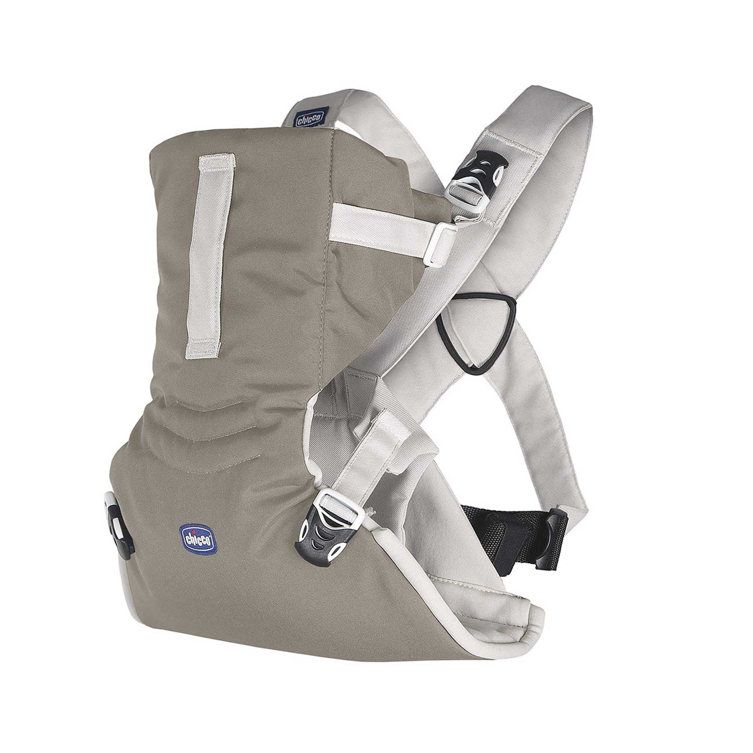 Chicco brand baby carrier in taupe with adjustable straps for comfortable carrying. 

