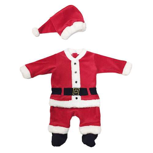 Red velvet Santa Claus costume for babies, complete with a matching hat and black boots. 
