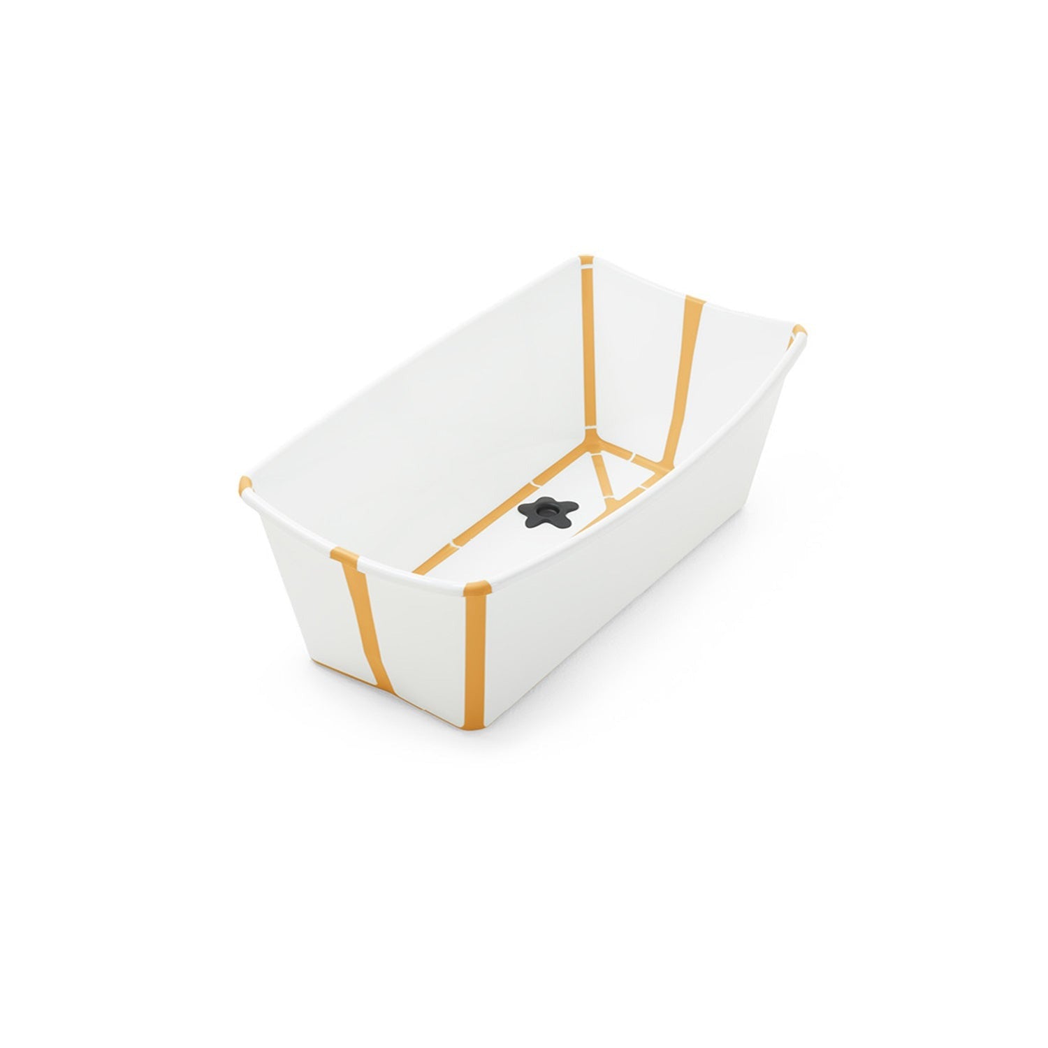 White baby bathtub with mustard yellow stripes and a black drain plug. 
