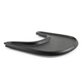 Black plastic high chair food tray angled view. 
