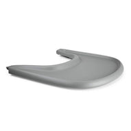 Gray high chair food tray shown at an angle. 
