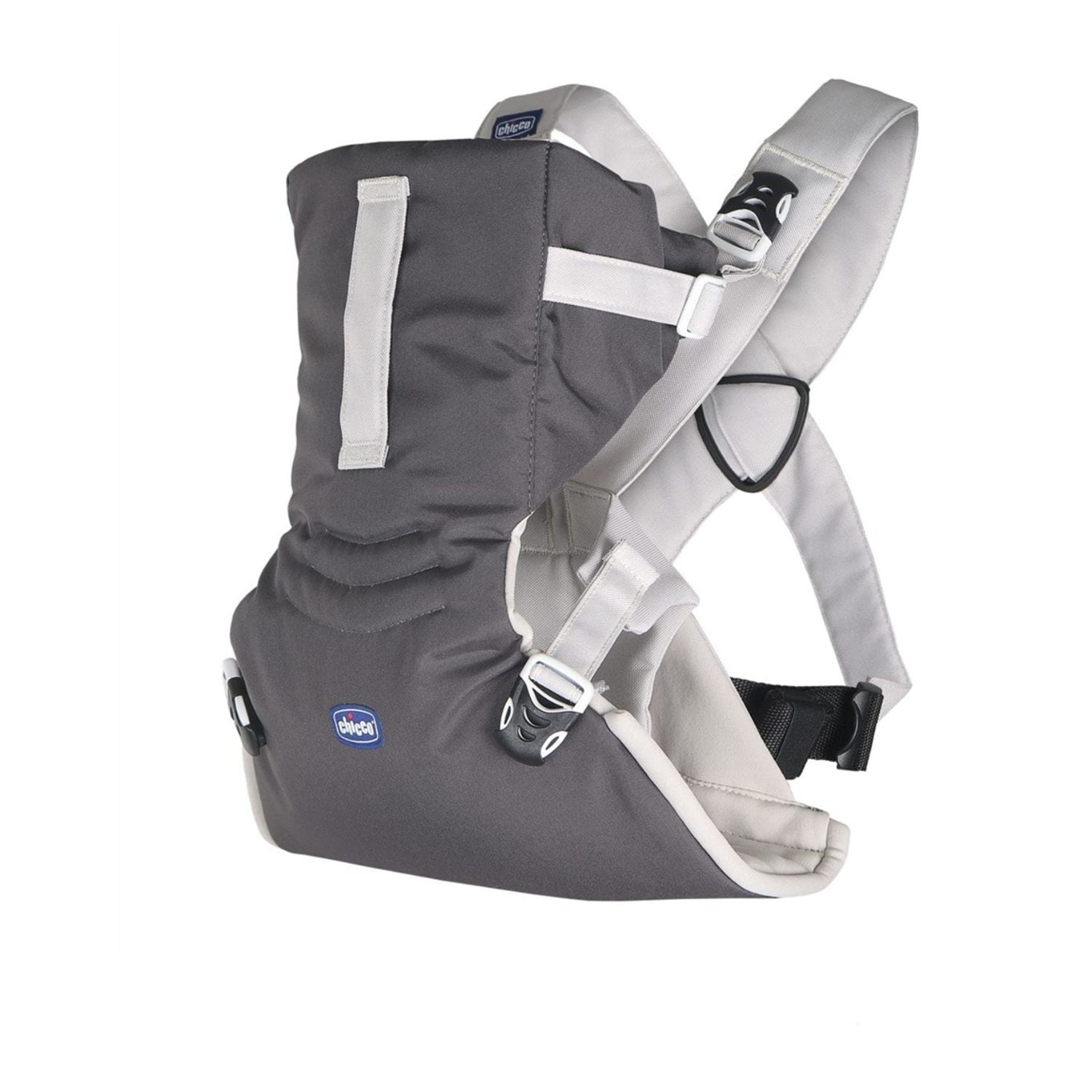 Chicco EasyFit baby carrier in gray with white accents, featuring adjustable straps and buckles for a secure and comfortable fit. 
