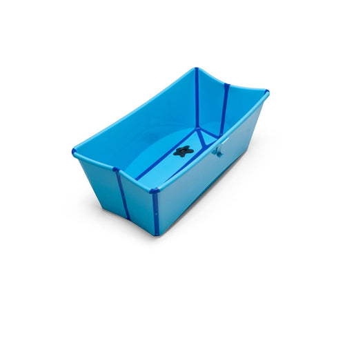 Empty blue baby bathtub with blue accents isolated on white background. 

