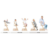 Children and adult demonstrate adjustable wooden high chair use from newborn to adult. 
